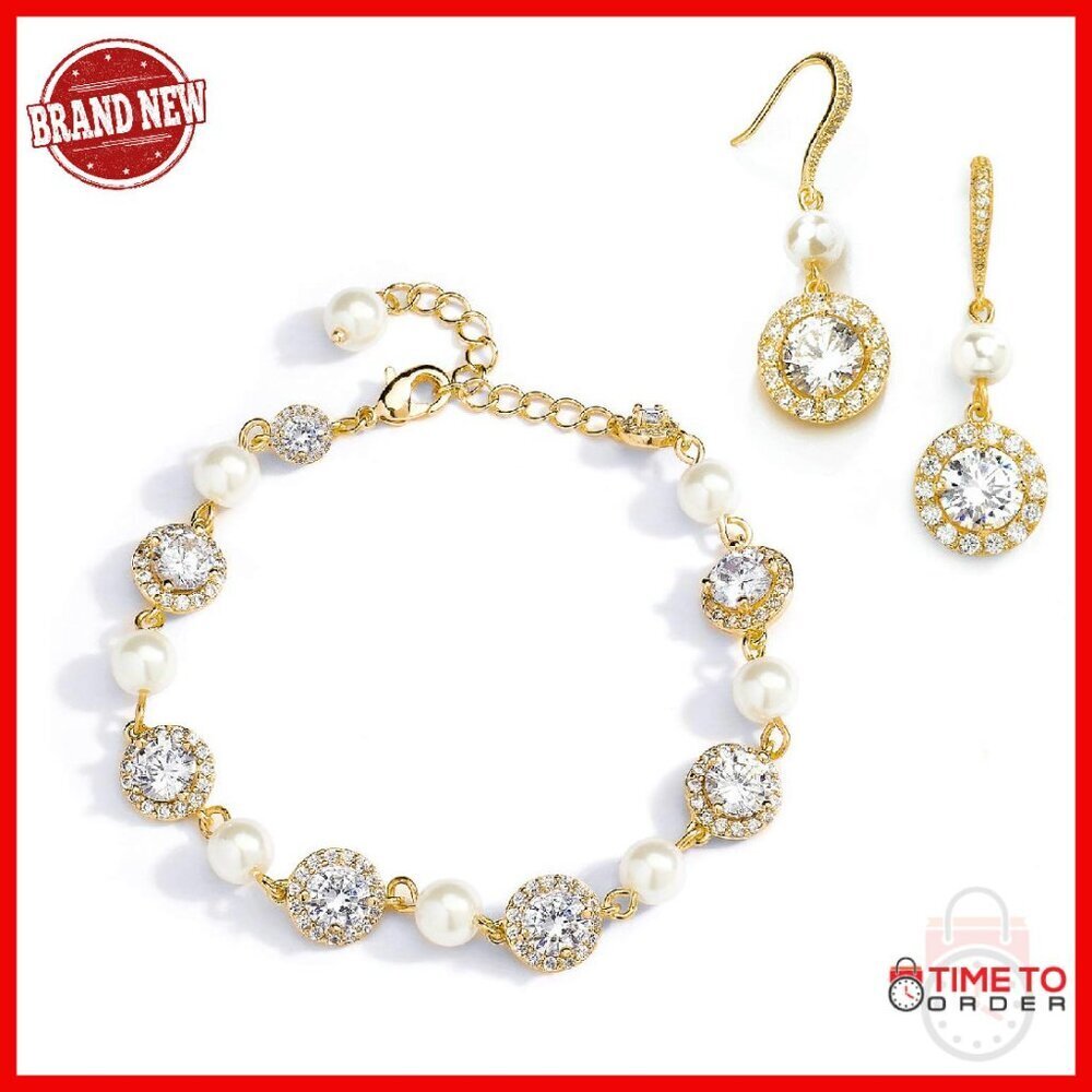 14K Gold Plated Pearl CZ Bridal Bracelet Earrings Set Wedding Jewelry